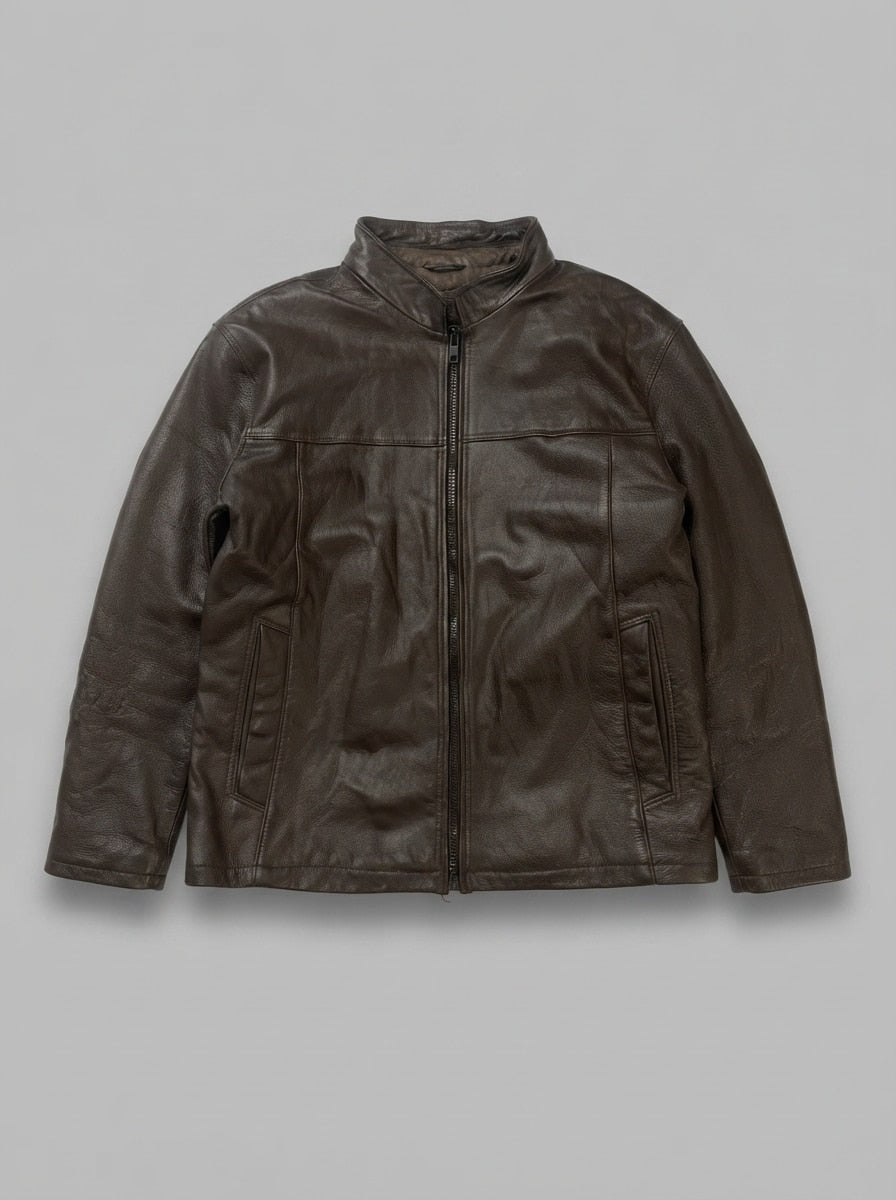 Brown leather cafe racer jacket, size L, shown flat from the front. Welt hip pockets.