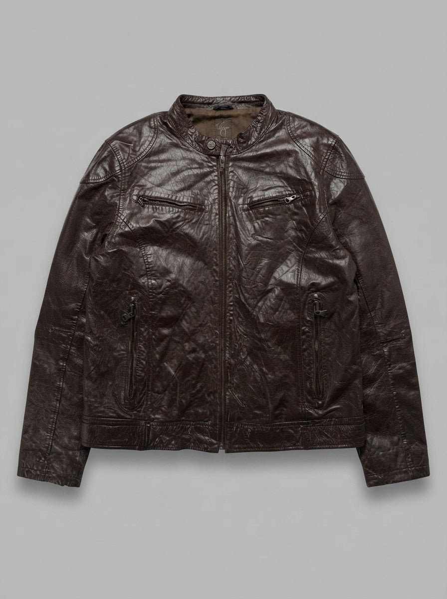 Brown leather cafe racer jacket, size M, shown flat from the front. Zip chest pocket.