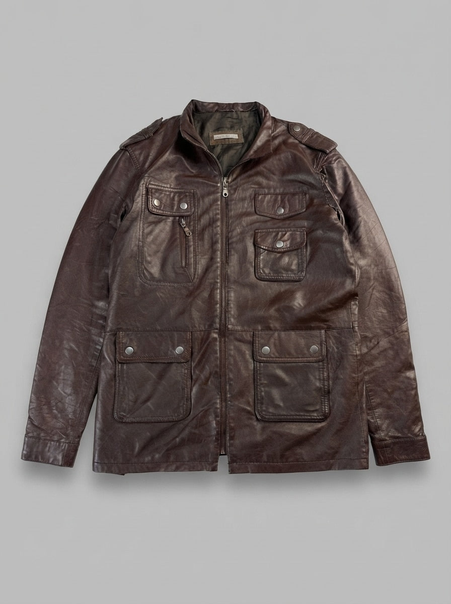 Brown leather field jacket, size M, shown flat from the front. Four flap pockets.