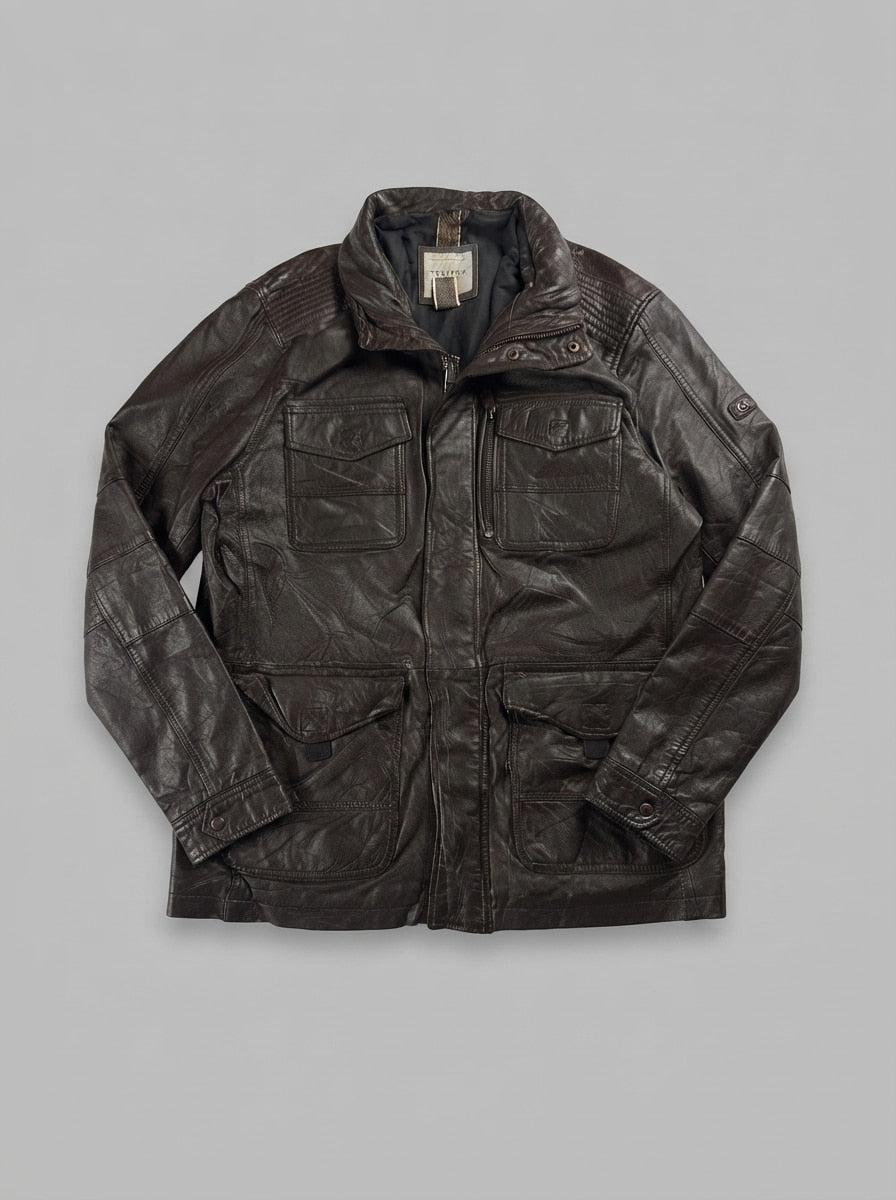 Brown leather field jacket, size XL, shown flat from the front. Four-pocket front.