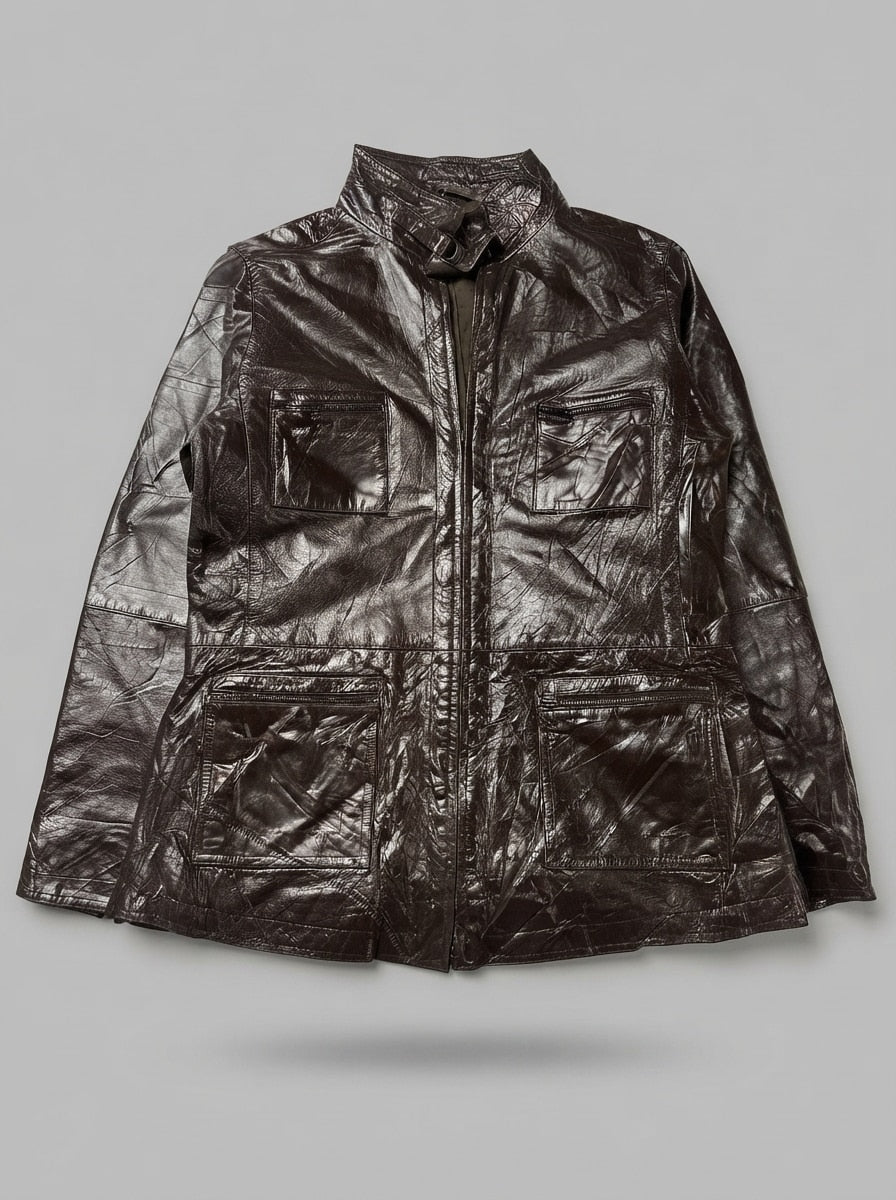 Brown leather field jacket, size M, shown flat from the front. Four pockets.