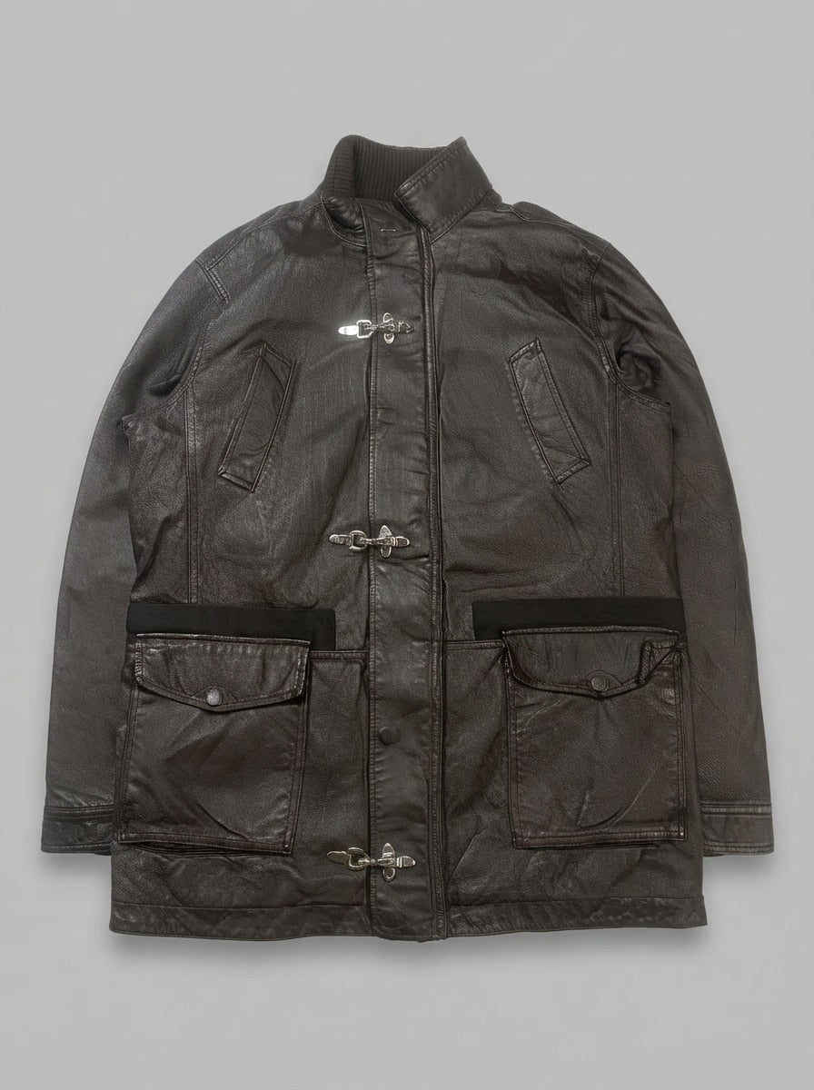 Brown leather field jacket, size XL, shown flat from the front. Metal clasp closures.