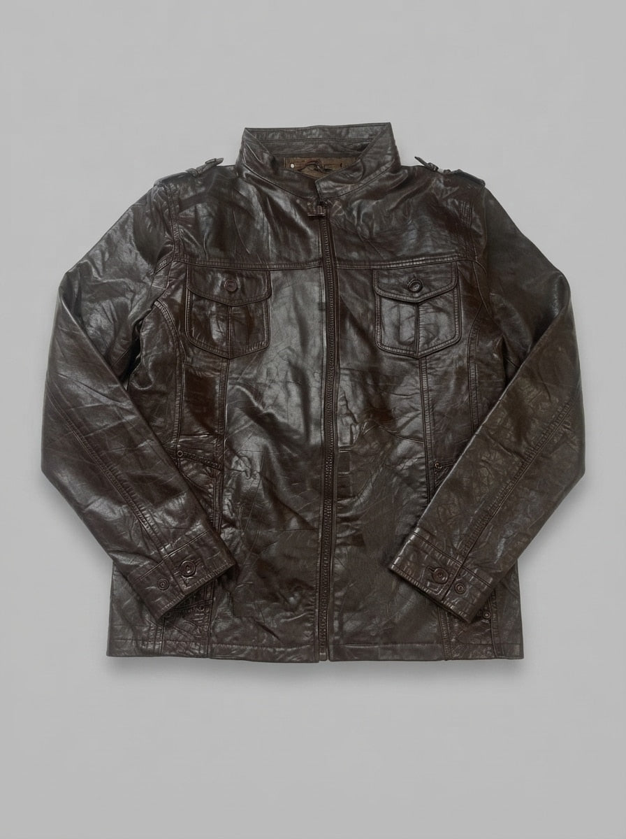 Brown leather field jacket, size L, shown flat from the front. Snap-tab collar.