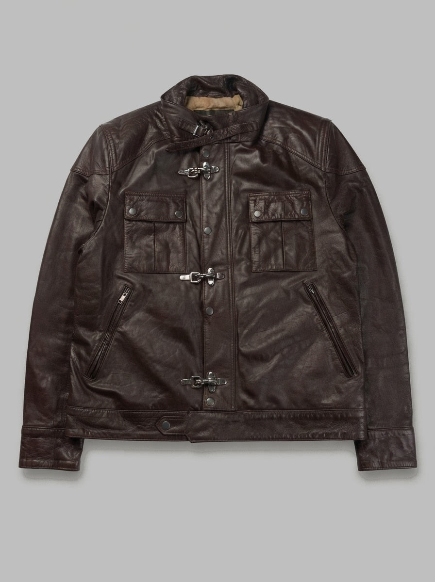 Brown leather field jacket, size L, shown flat from the front. Toggle clasp closures.
