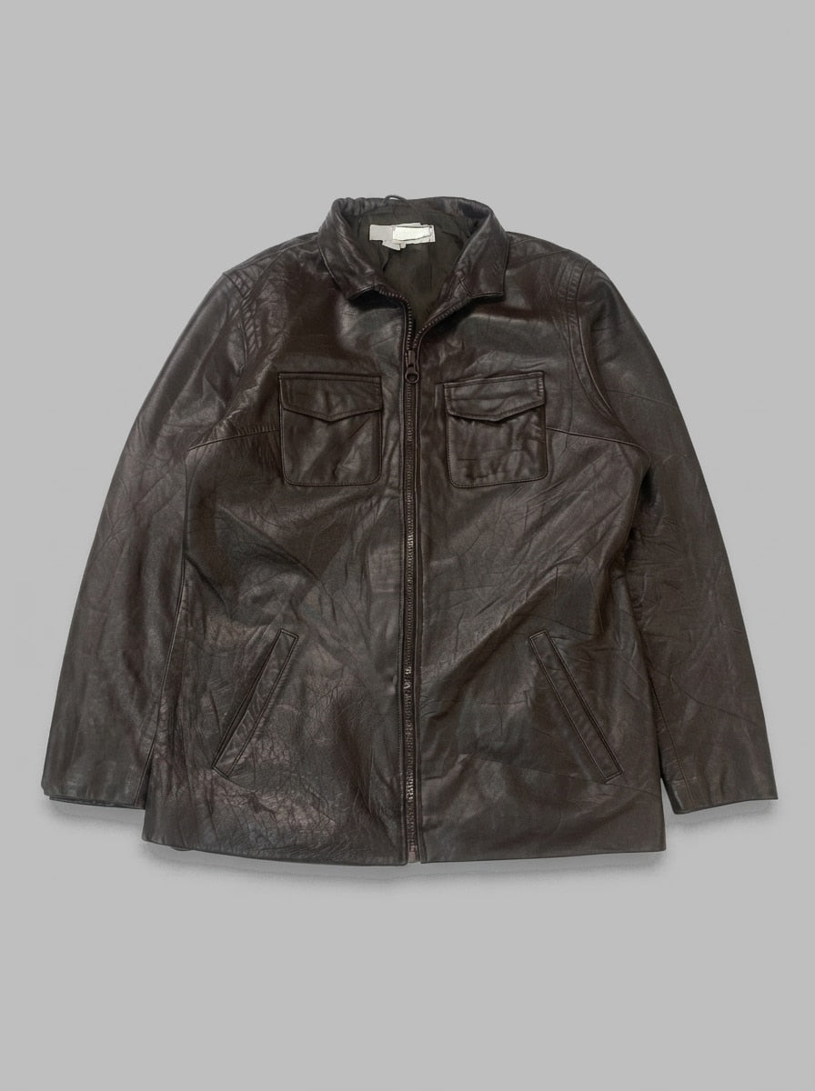 Brown leather field jacket, size XL, shown flat from the front. Twin flap pockets.