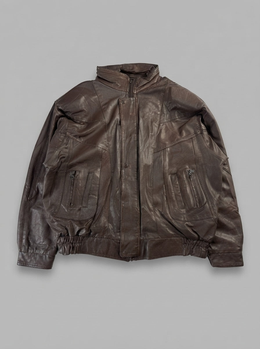 Brown leather flight jacket, size XXL, shown flat from the front. Multi-pocket front.