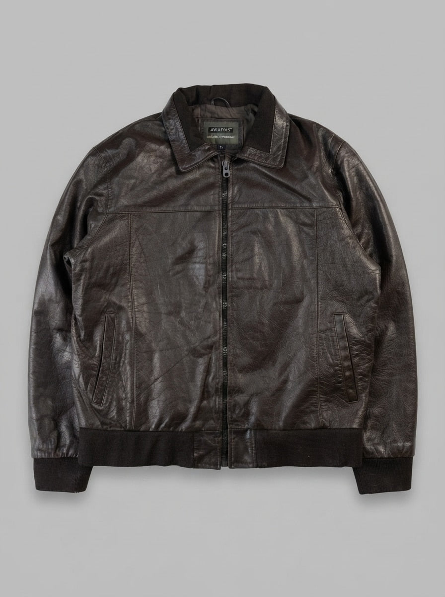 Brown leather flight jacket, size L, shown flat from the front. Slim profile.