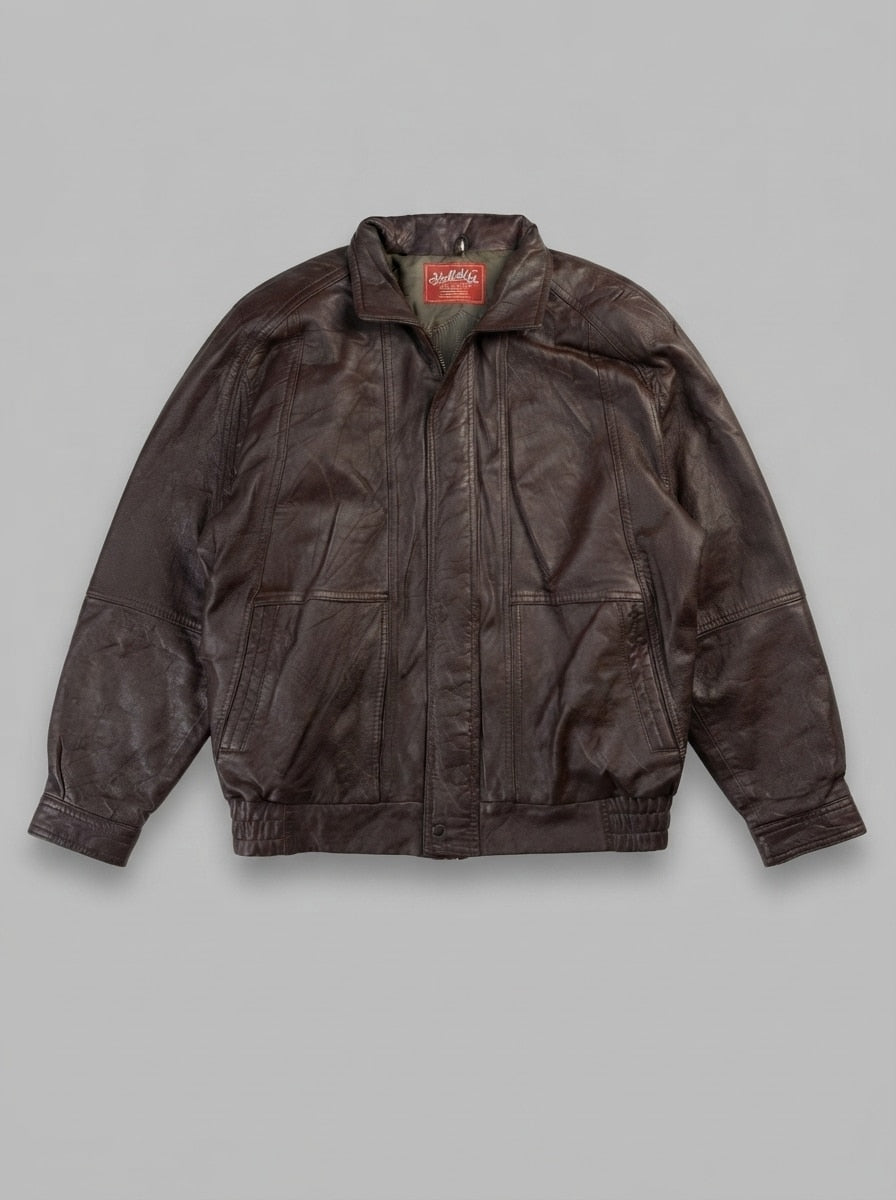 Brown leather harrington jacket, size XXL, shown flat from the front. Blouson cut.