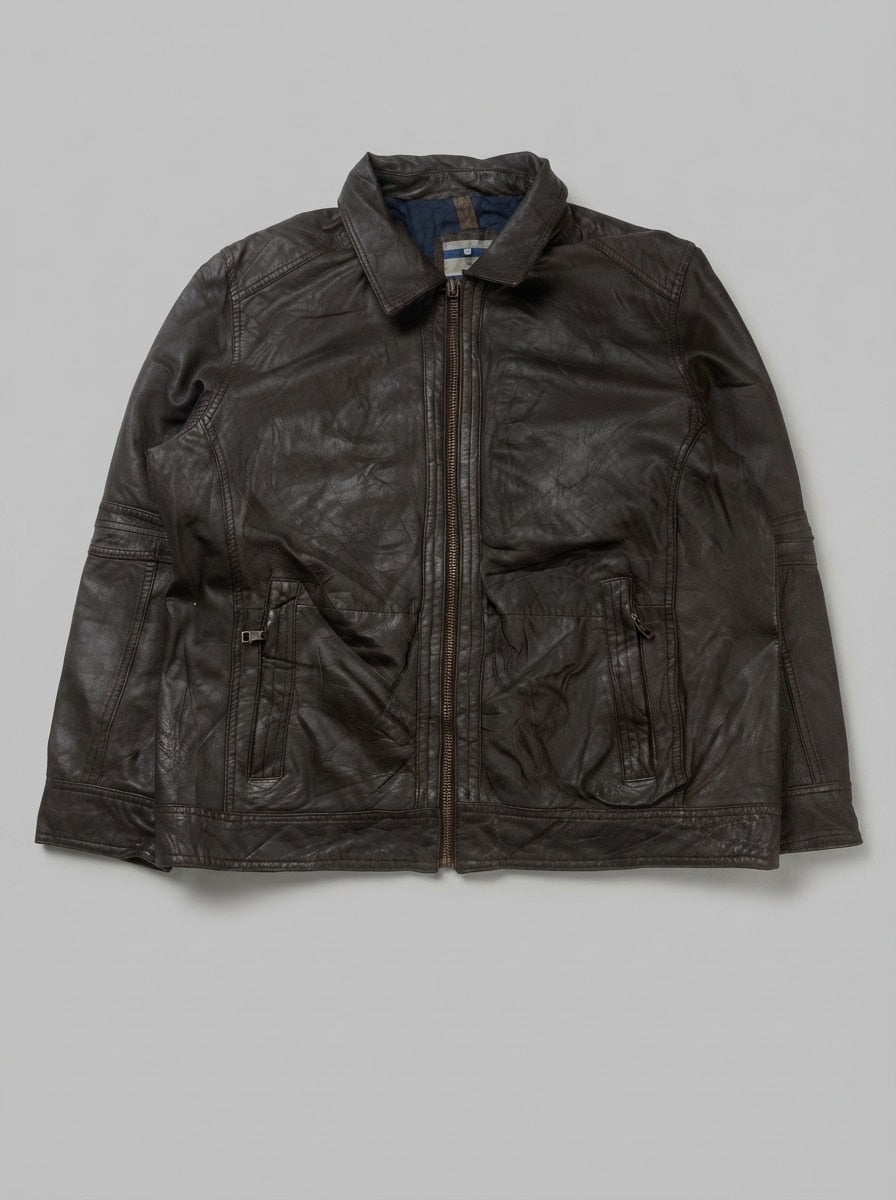 Brown leather harrington jacket, size XXL, shown flat from the front. Blue lining.