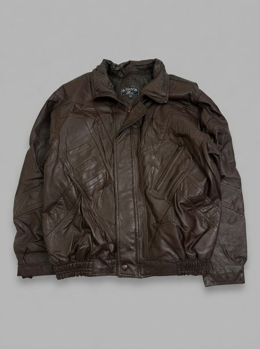 Brown leather harrington jacket, size L, shown flat from the front. Buttoned throat tab.