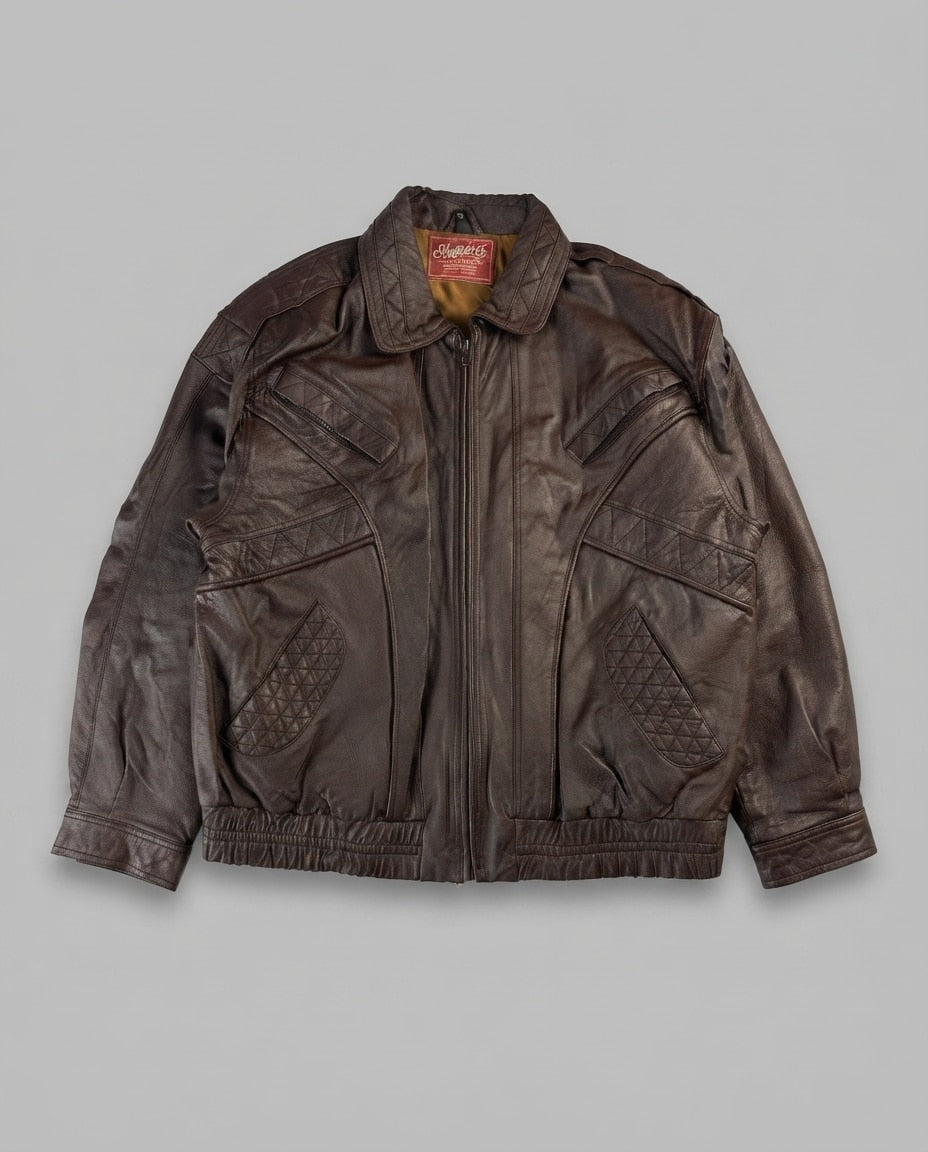 Brown leather harrington jacket, size XL, shown flat from the front. Diamond quilted panels.
