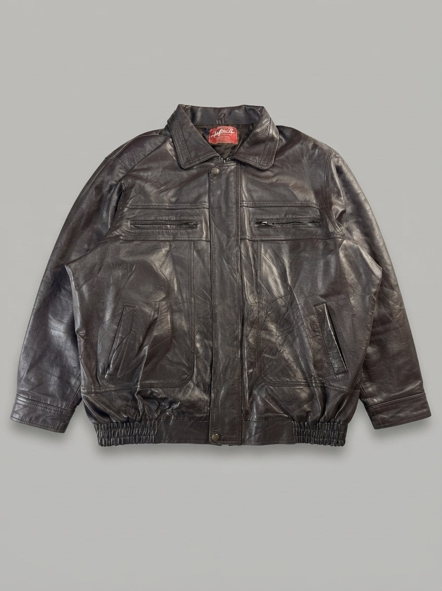 Brown leather harrington jacket, size XXL, shown flat from the front. Elasticated cuffs.