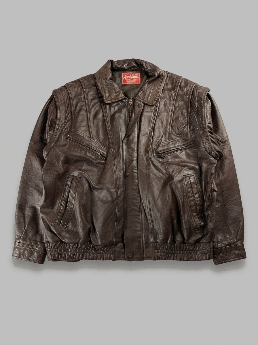 Brown leather harrington jacket, size XXL, shown flat from the front. Elasticated hem.
