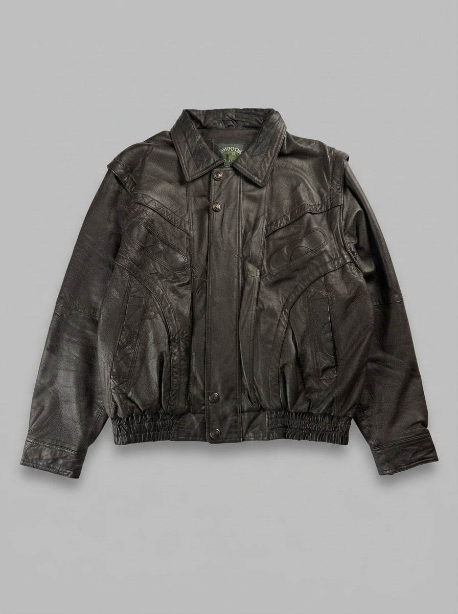 Brown leather harrington jacket, size XL, shown flat from the front. Elasticated waistband.