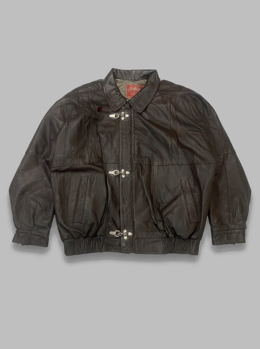 Brown leather harrington jacket, size XXL, shown flat from the front. Metal clasps.