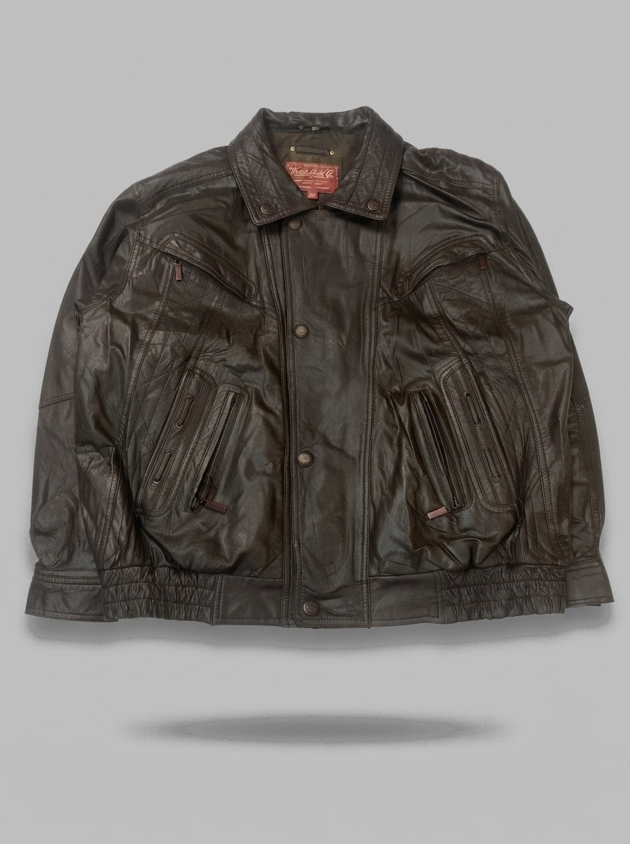 Brown leather harrington jacket, size XL, shown flat from the front. Padded olive interior.