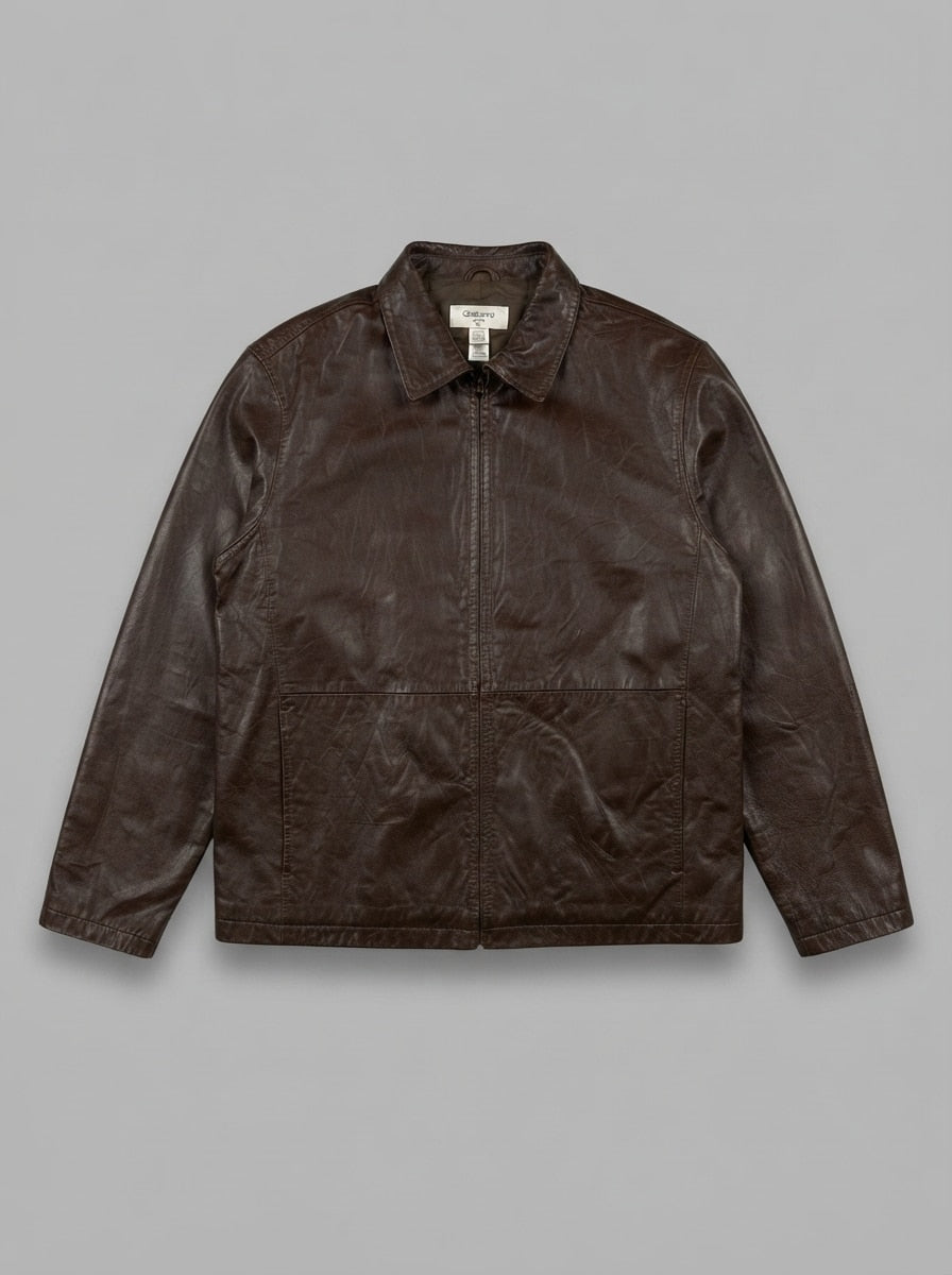 Brown leather harrington jacket, size XL, shown flat from the front. Pointed collar.