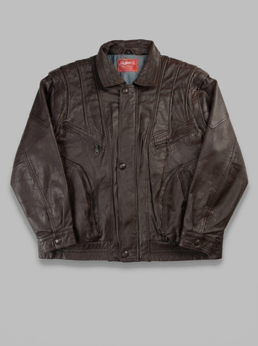 Brown leather harrington jacket, size XL, shown flat from the front. Quilted lining.