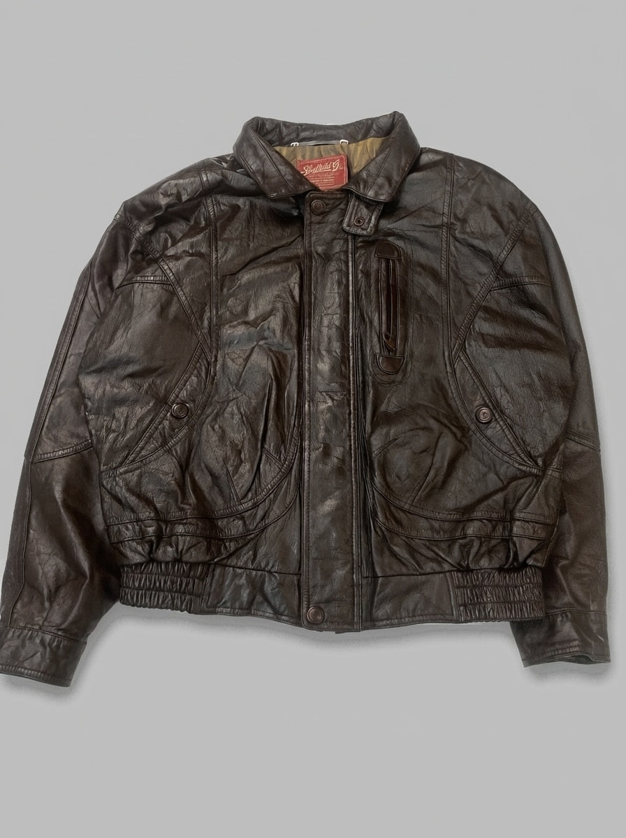 Brown leather harrington jacket, size XXL, shown flat from the front. Striped satin lining.