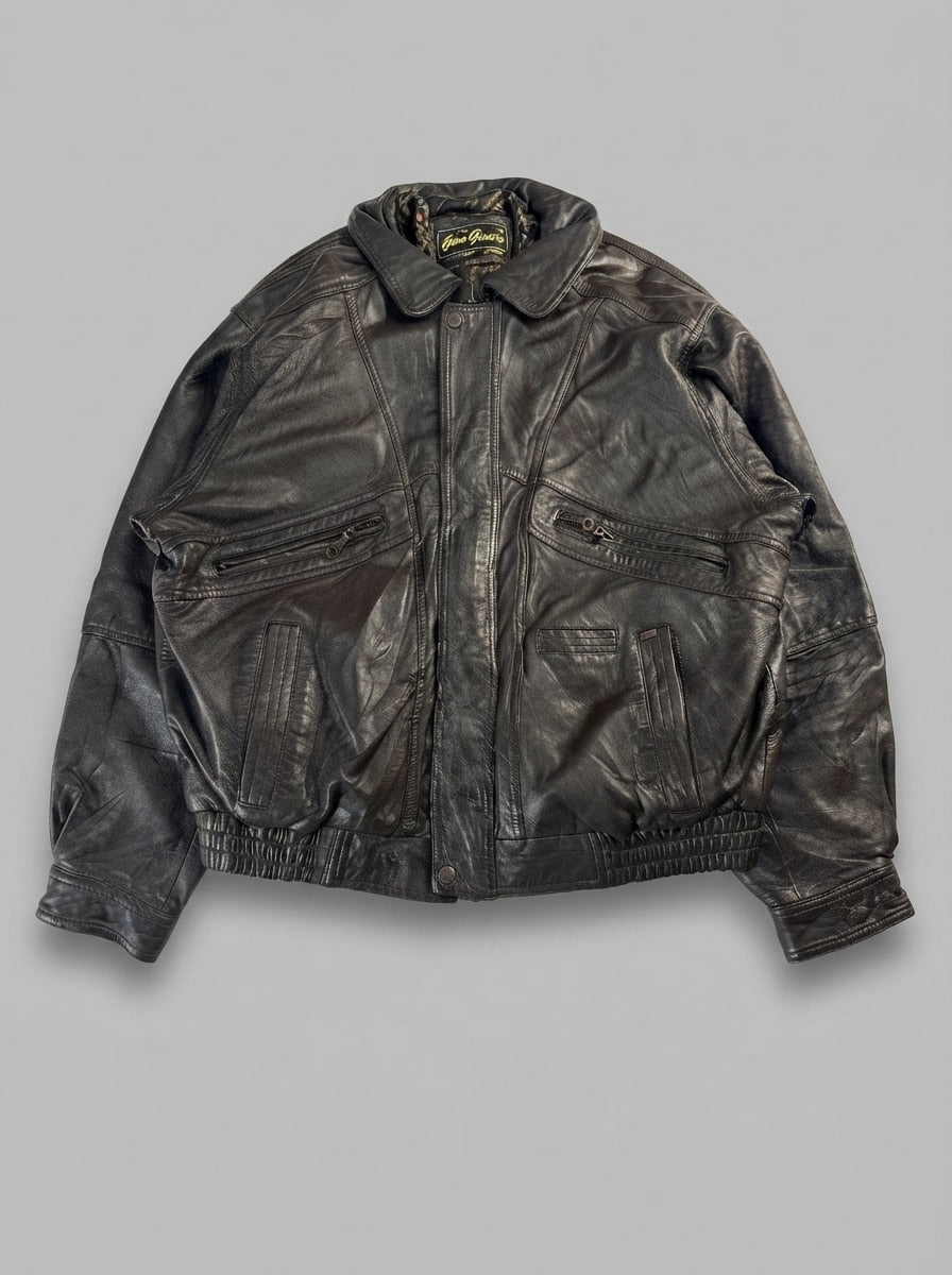 Brown leather harrington jacket, size L, shown flat from the front. Twin chest zips.