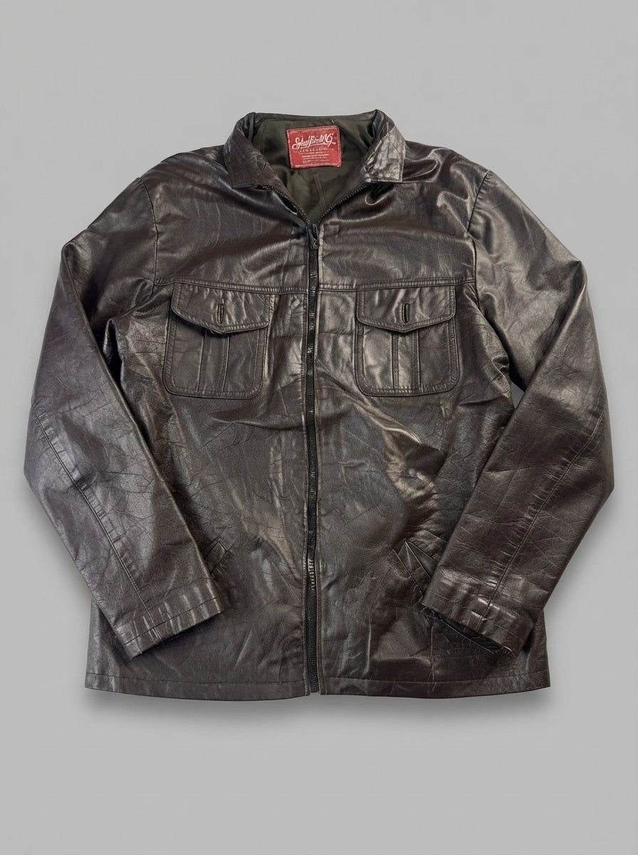 Brown leather trucker jacket, size L, shown flat from the front. Four-pocket stand collar.