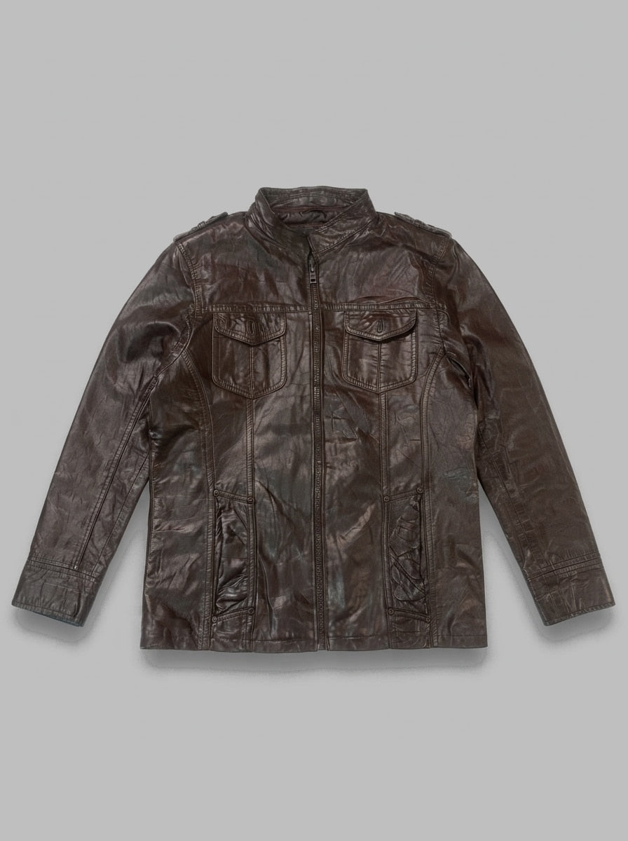 Brown leather trucker jacket, size L, shown flat from the front. Plaid check lining.