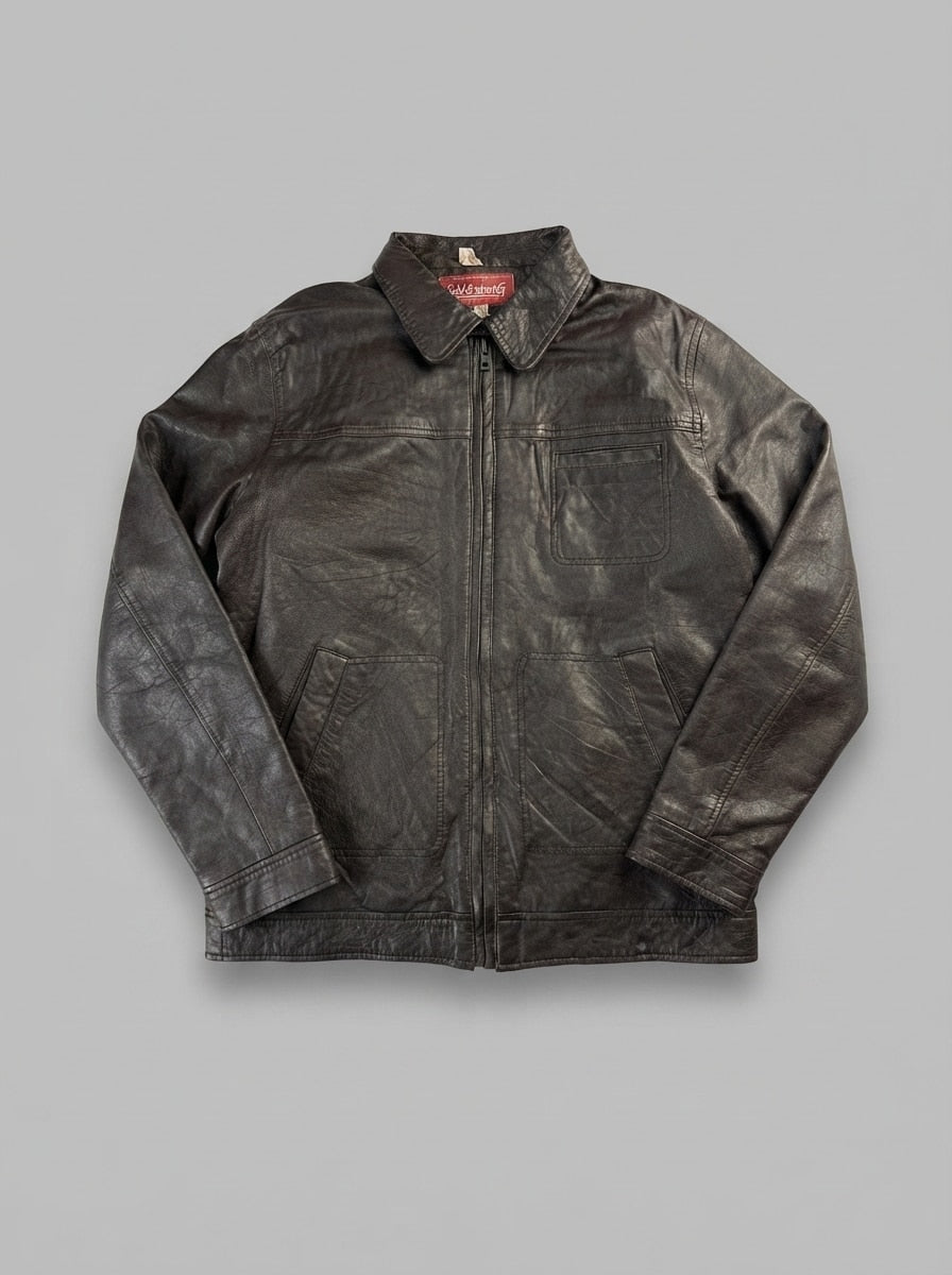 Brown leather vintage jacket, size M, shown flat from the front. Angled zip pockets.