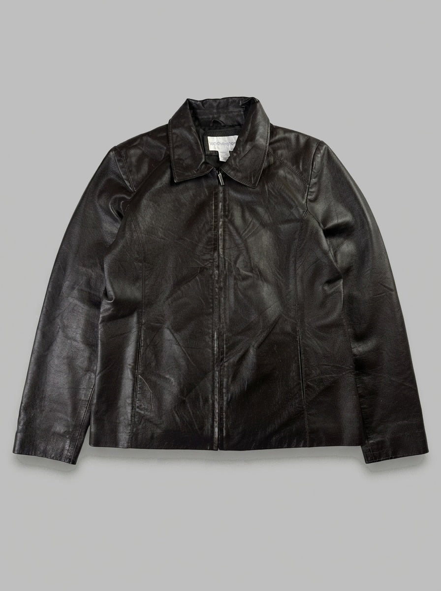 Brown leather vintage jacket, size M, shown flat from the front. Blouson silhouette.