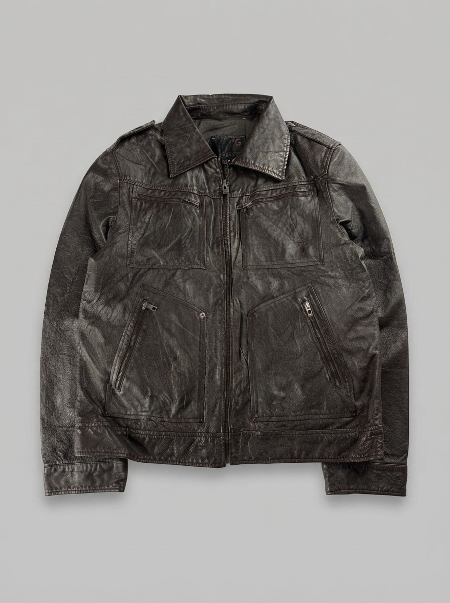 Brown leather vintage jacket, size L, shown flat from the front. Buckle cuff detail.