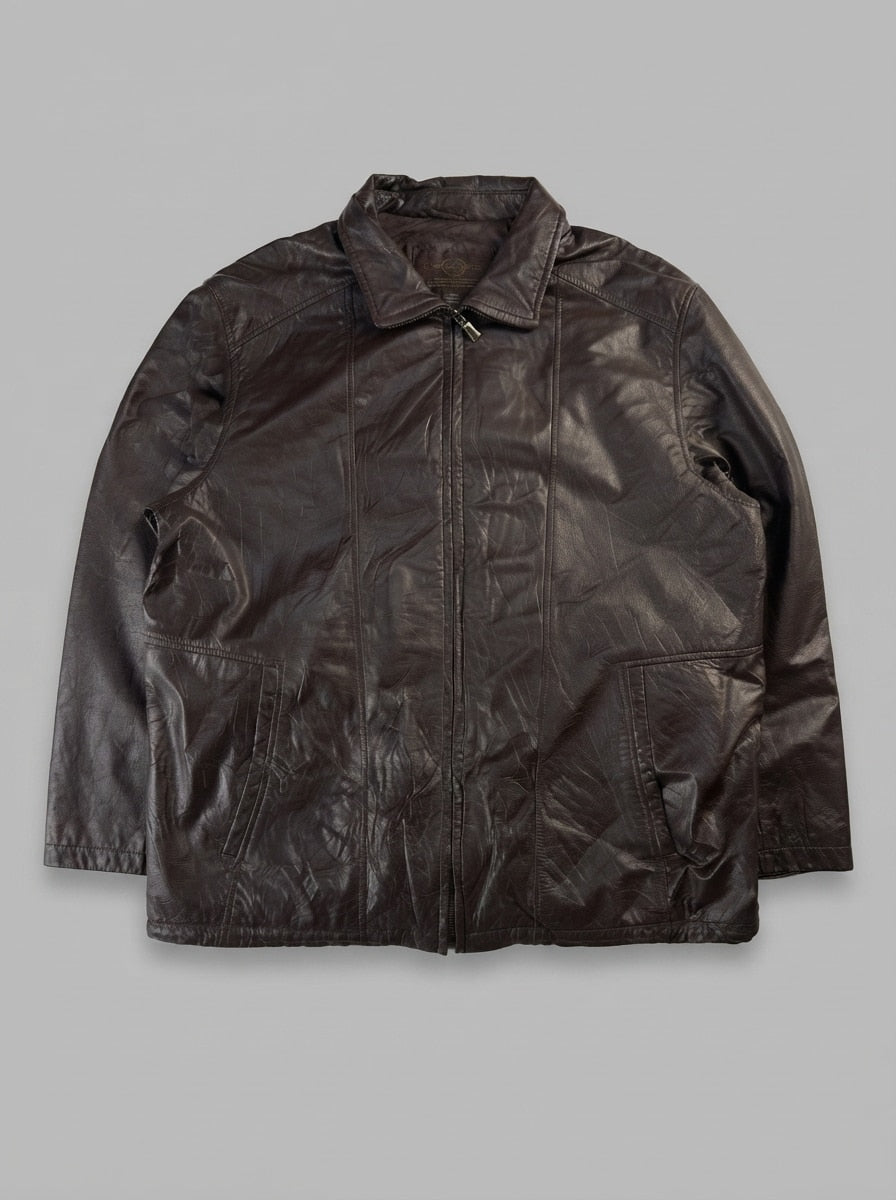 Brown leather vintage jacket, size XL, shown flat from the front. Check lining detail.
