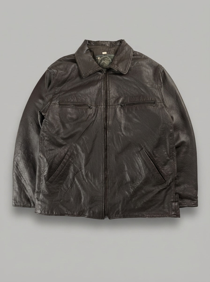 Brown leather vintage jacket, size XL, shown flat from the front. Chest zip pocket.