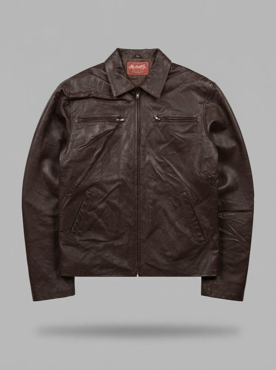 Brown leather vintage jacket, size L, shown flat from the front. Contrast pocket panel.