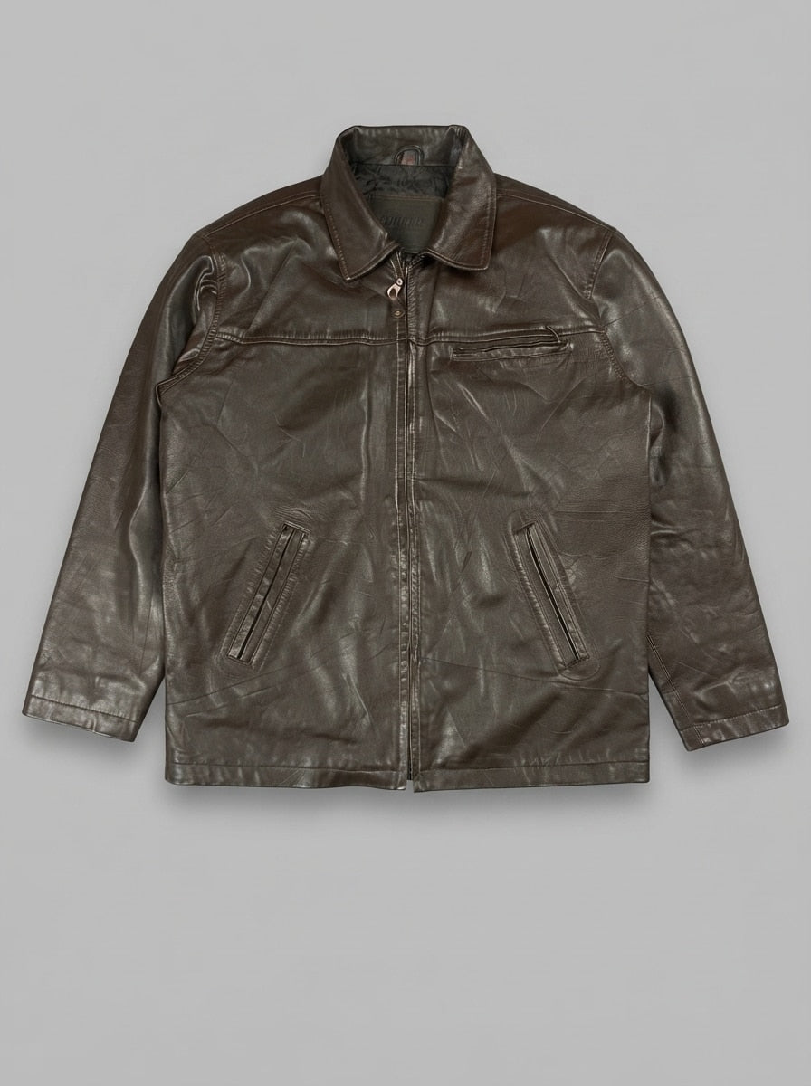 Brown leather vintage jacket, size XL, shown flat from the front. Diagonal zip pockets.