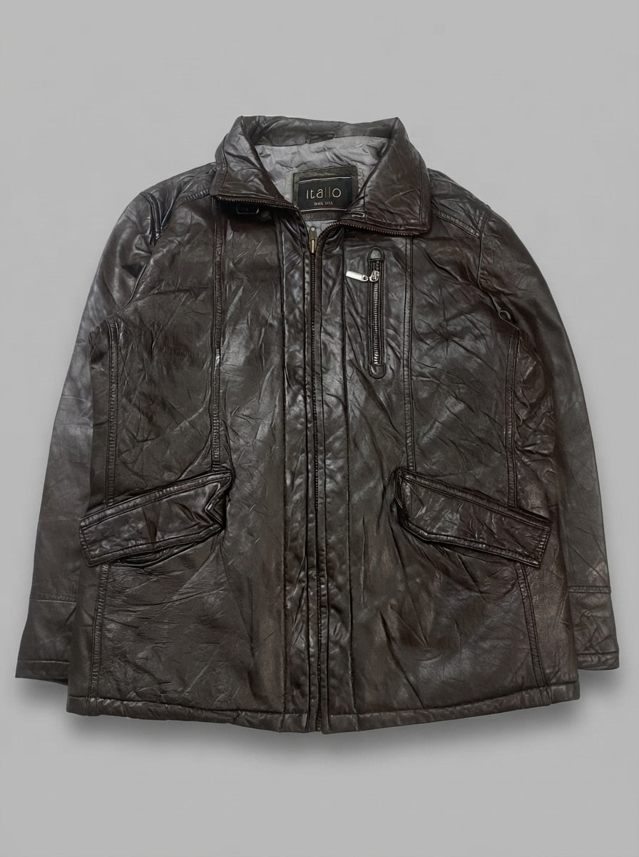 Brown leather vintage jacket, size L, shown flat from the front. Diamond quilted body.