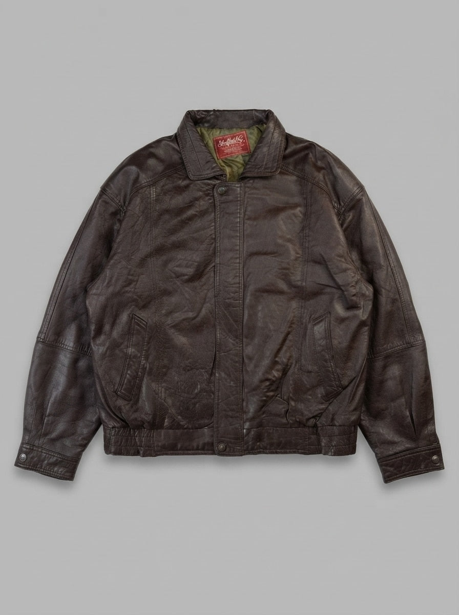 Brown leather vintage jacket, size L, shown flat from the front. Diamond-weave lining.