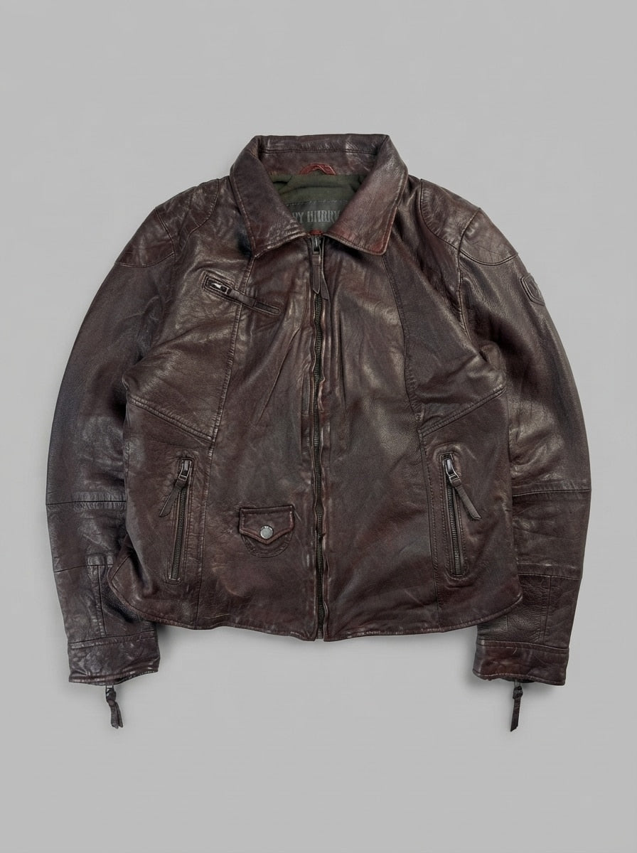 Brown leather vintage jacket, size M, shown flat from the front. Drawstring hem.