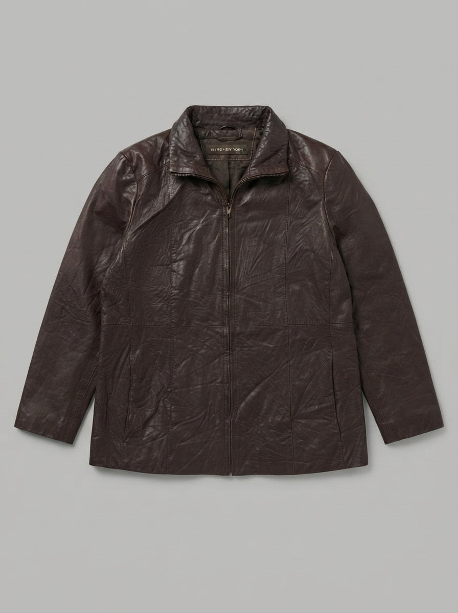 Brown leather vintage jacket, size M, shown flat from the front. Fold-down collar.
