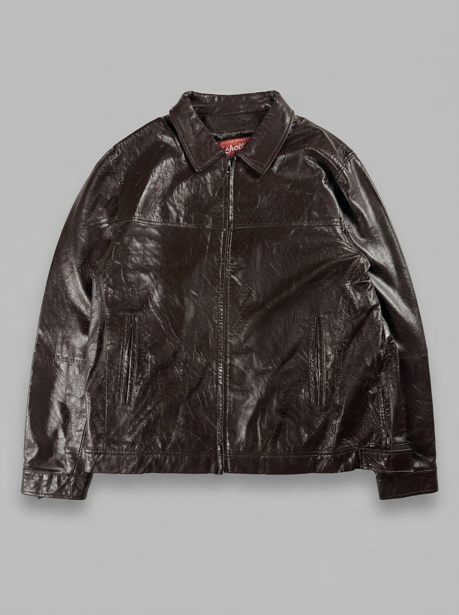 Brown leather vintage jacket, size L, shown flat from the front. High-gloss finish.
