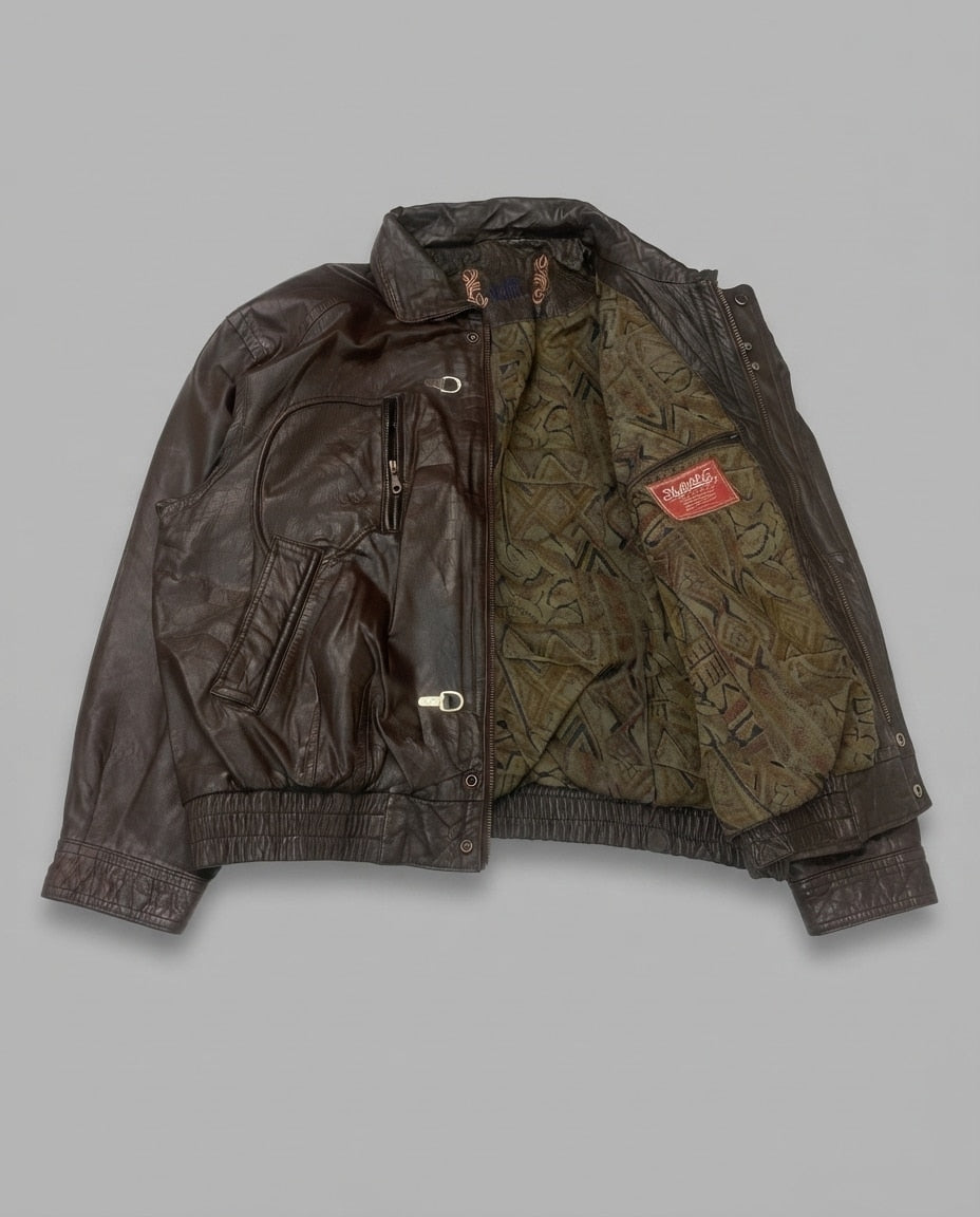 Brown leather vintage jacket, size XXL, shown flat from the front. Hook-clasp closure.