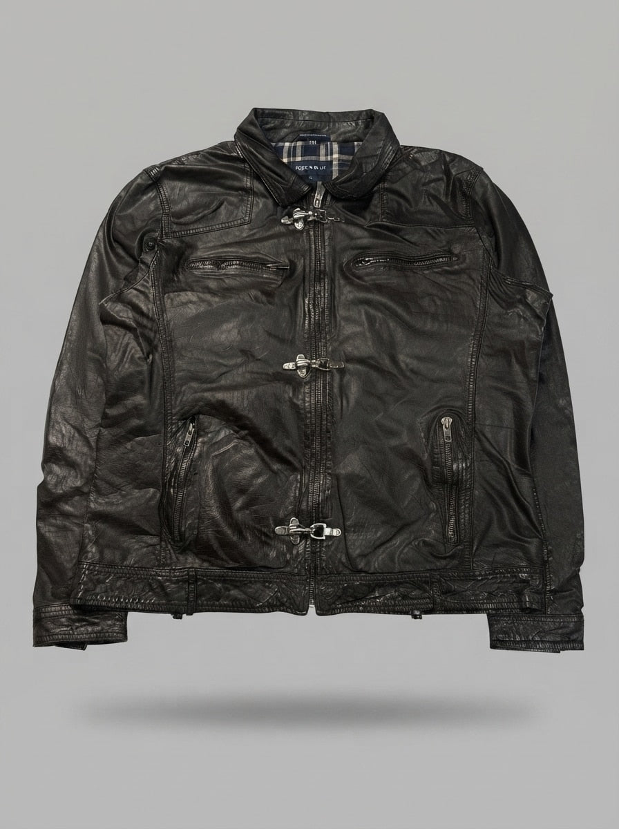 Brown leather vintage jacket, size XL, shown flat from the front. Metal clasp closures.