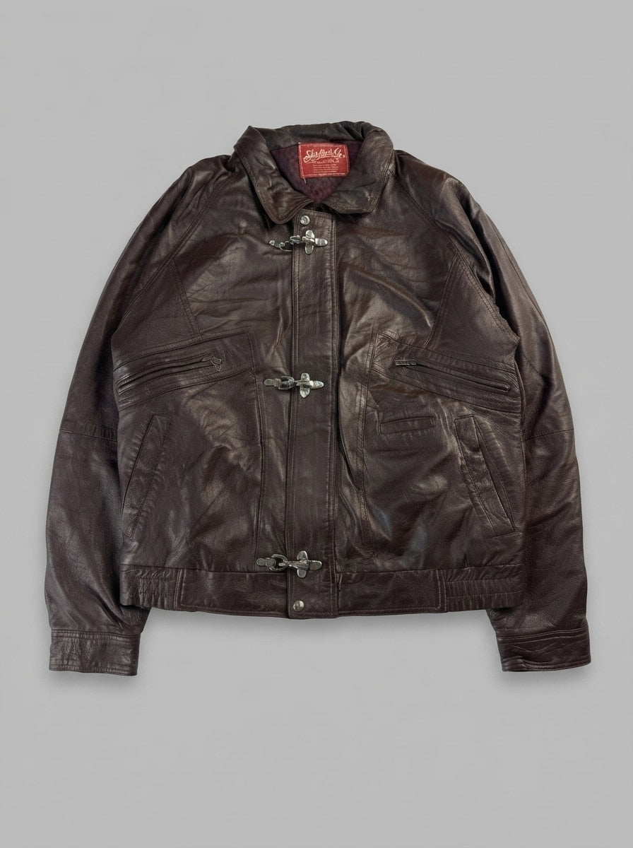 Brown leather vintage jacket, size L, shown flat from the front. Metal clasp front.
