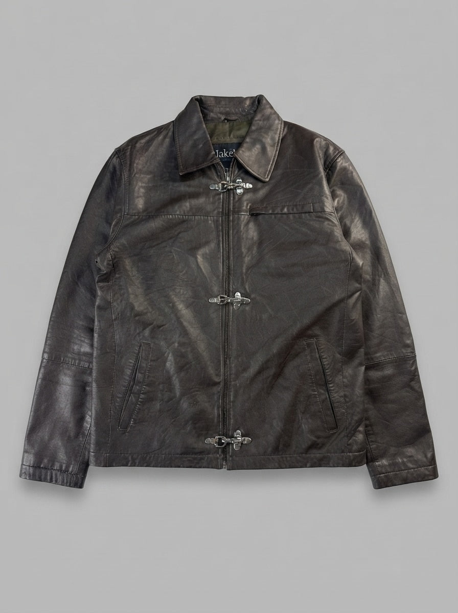 Brown leather vintage jacket, size L, shown flat from the front. Metal hook clasps.