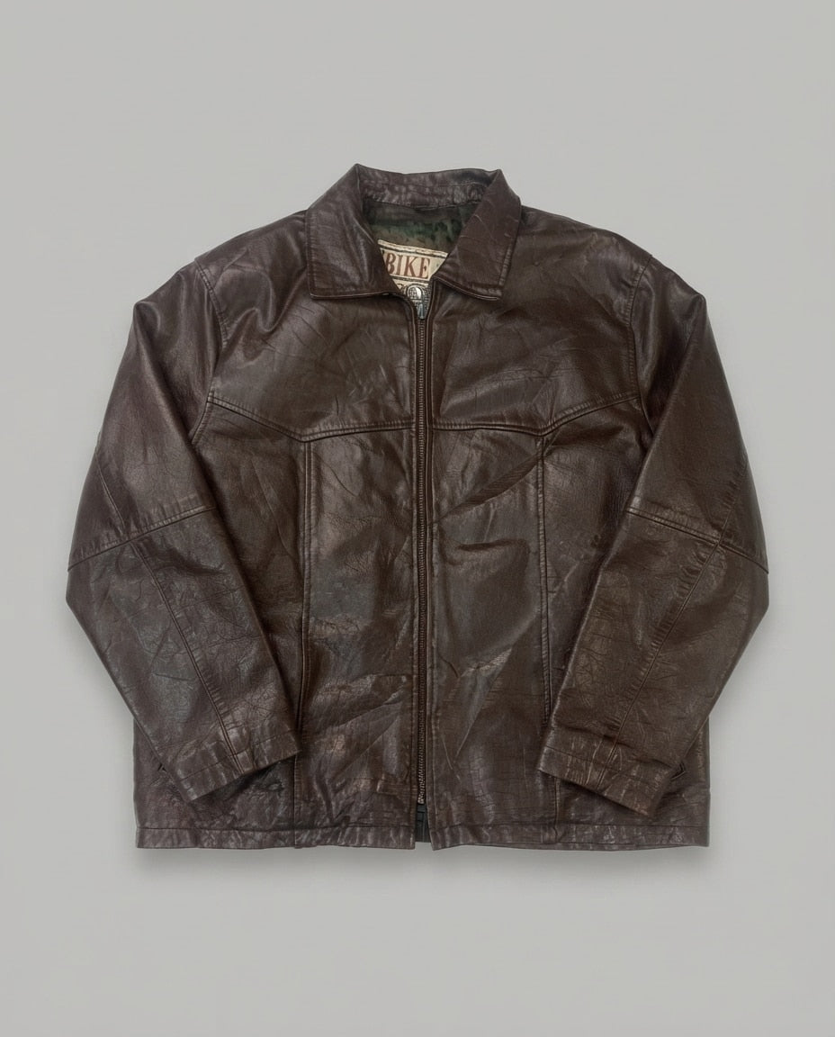 Brown leather vintage jacket, size L, shown flat from the front. Mid-length cut.