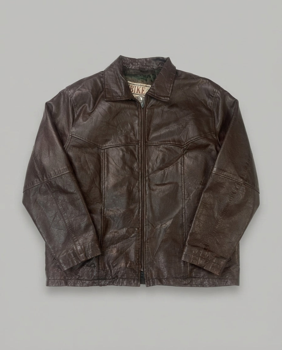 Brown leather vintage jacket, size L, shown flat from the front. Mid-length cut.