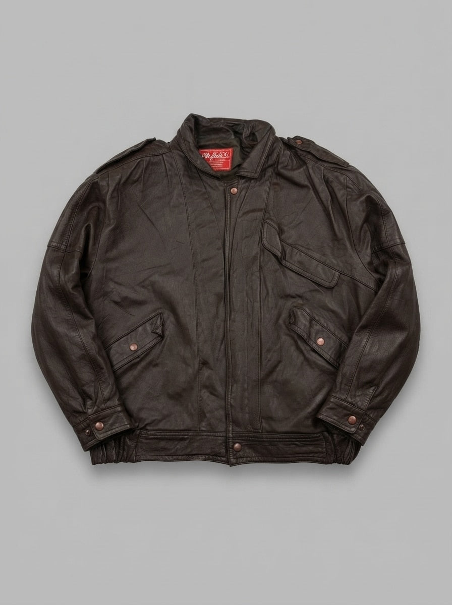 Brown leather vintage jacket, size L, shown flat from the front. Padded funnel collar.