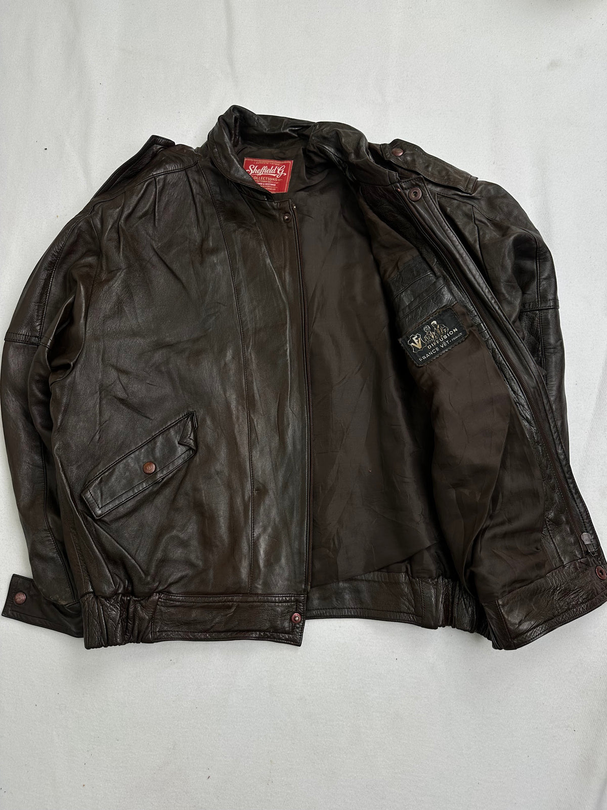 Interior of the brown vintage jacket shown open at the front