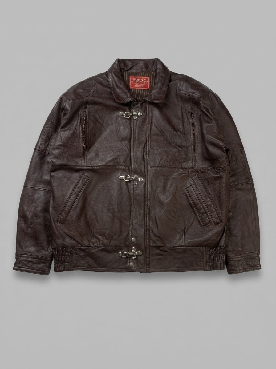 Brown leather vintage jacket, size XXL, shown flat from the front. Pinstripe lining.