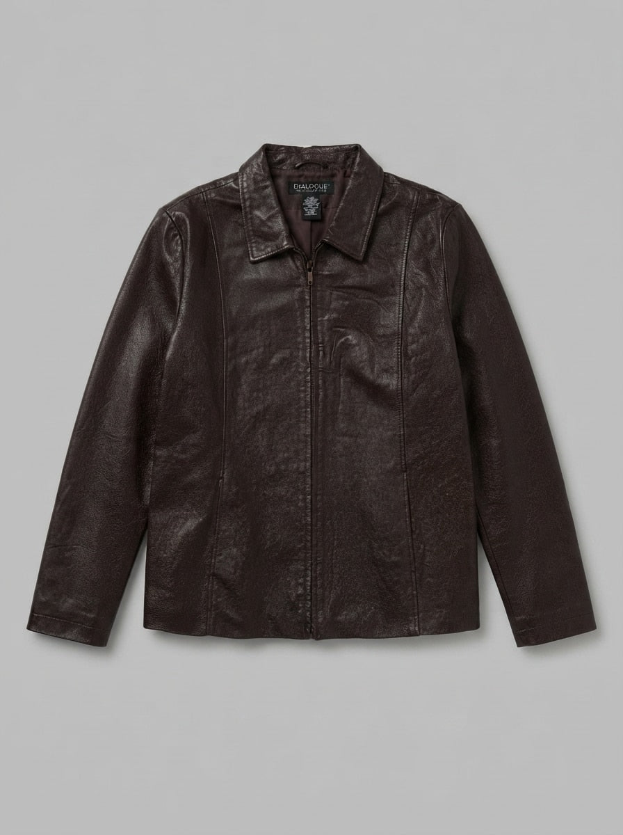 Brown leather vintage jacket, size L, shown flat from the front. Pointed collar.