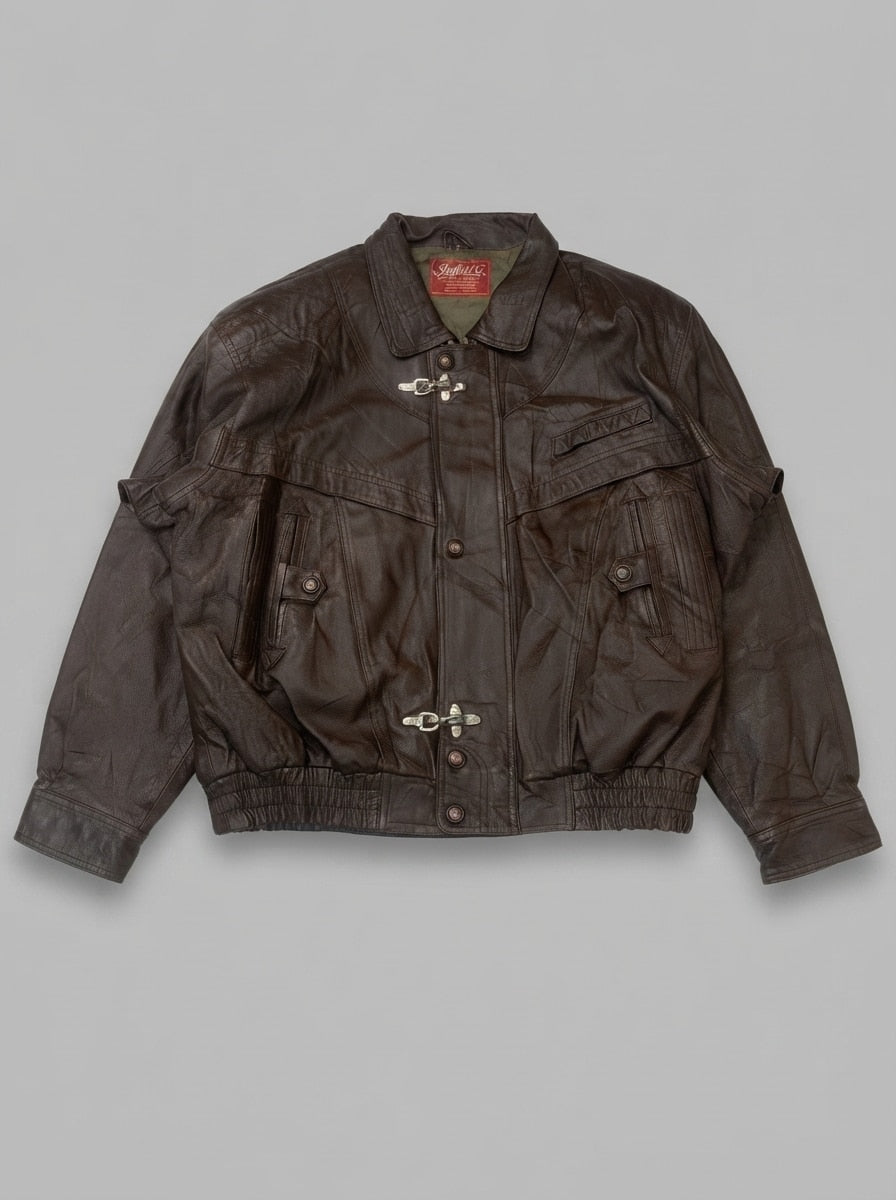 Brown leather vintage jacket, size XL, shown flat from the front. Quilted lining.