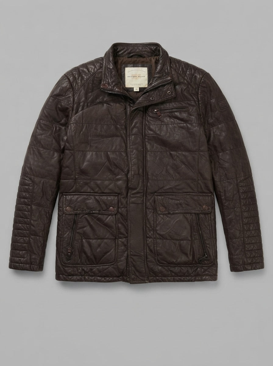 Brown leather vintage jacket, size L, shown flat from the front. Quilted panels.